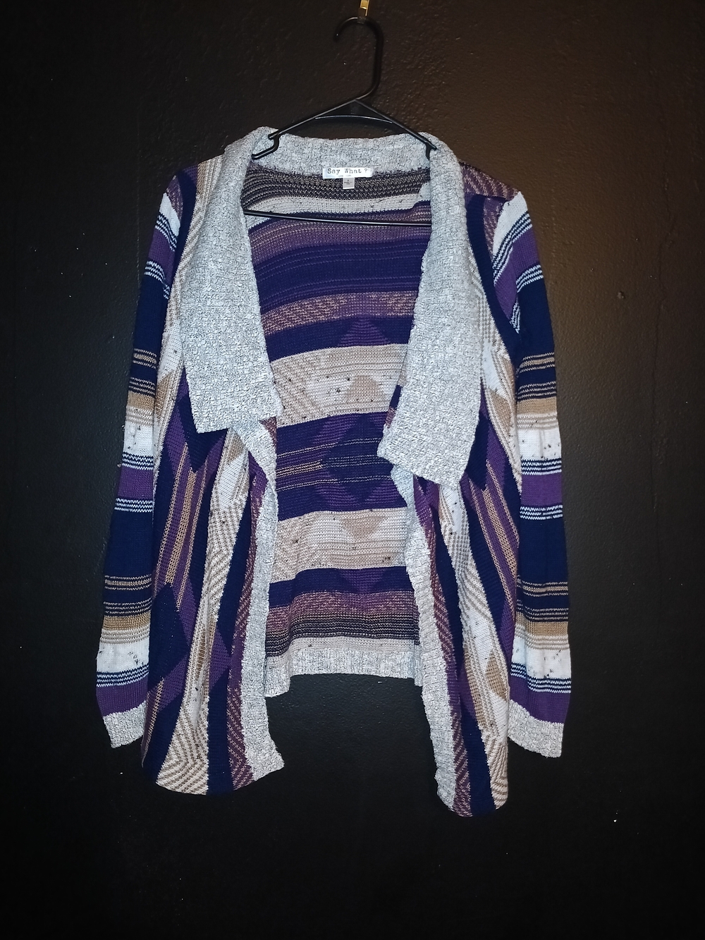 Striped Open-Front Women's Sweater Cardigan in Purple and Cream